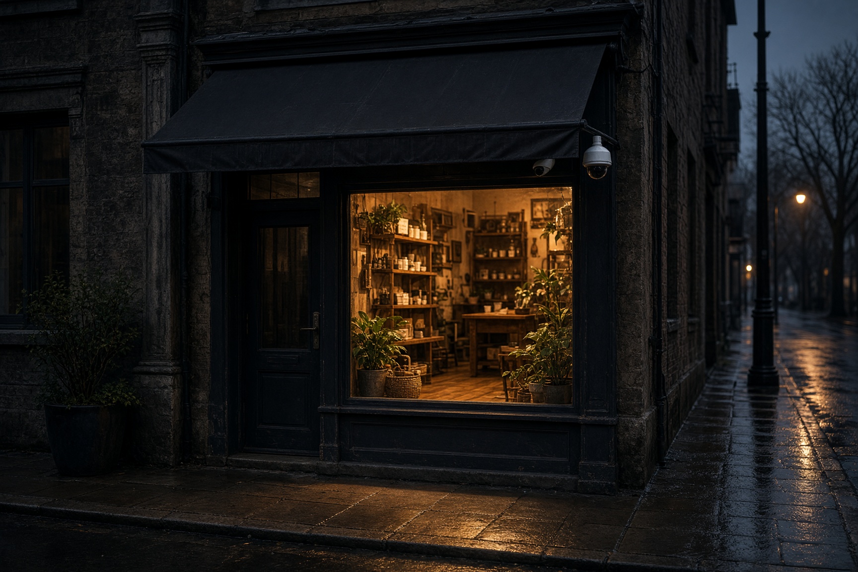 临街店铺雨棚下的半球摄像机